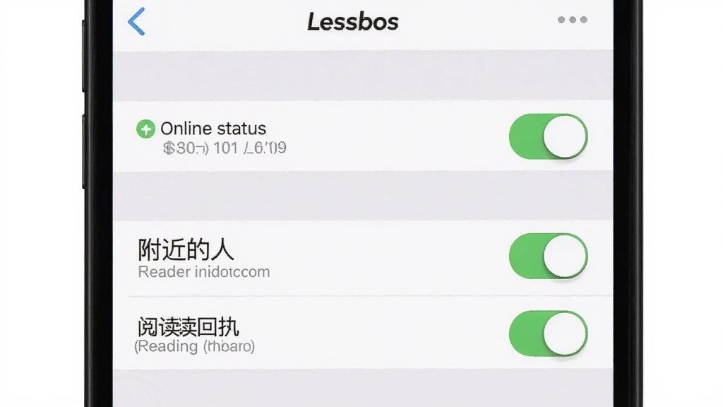 一张 Lesbos 隐私设置页面的手机截图风格图,画面中手机屏幕显示 Lesbos 的隐私设置菜单,有在线状态、附近的人、阅读回执等开关选项,界面以白色和浅灰色为主,文字清晰,风格简洁现代,画质干净,无多余元素