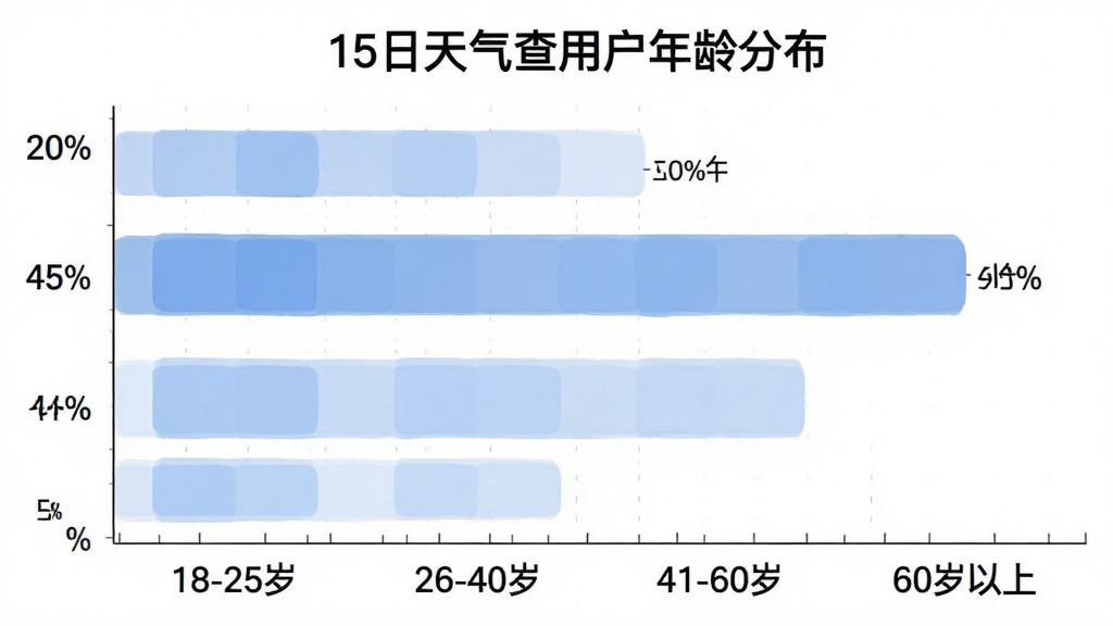 AI��ͼ��������һ��������״ͼ������Ϊ��15���������û�����ֲ����������ע����Ρ�18-25�ꡱ��26-40�ꡱ��41-60�ꡱ��60�����ϡ��������ע�ٷֱȡ�20%����45%����30%����5%������״ͼ��ɫΪ��͵���ɫϵ���������ף���������񣬻��ʸɾ��޶���Ԫ��
