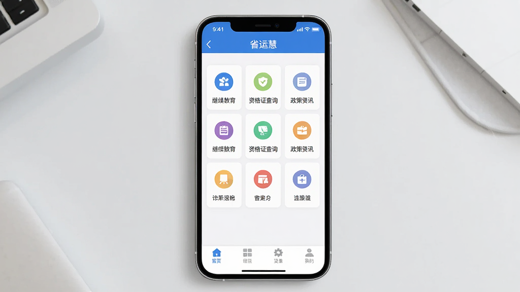ʡ�˻�App������ȫòչʾ�������������ֻ���Ļ����Ļ����ʾʡ�˻�App��ҳ����������ɫ������д��ʡ�˻ۣ��м��ǹ���ͼ��������������������ʸ�֤��ѯ��������Ѷ�ȣ��ײ��ǵ���ѡ��������Ǹɾ���ǳ��ɫ���棬����ִ���ƽ���������������޶���Ԫ��