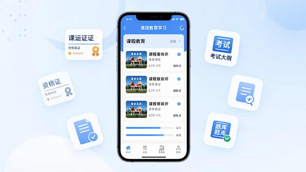 ʡ�˻�App���ܽ���չʾ�������������ֻ���Ļ����Ļ��ʾ��������ѧϰҳ�棬�пγ��б��ͽ���������Ļ�Ա�Ư�����ʸ�֤�����Դ�١�����ͼ�꣬��������£�������ɫΪ�������ʸɾ����޶���Ԫ��