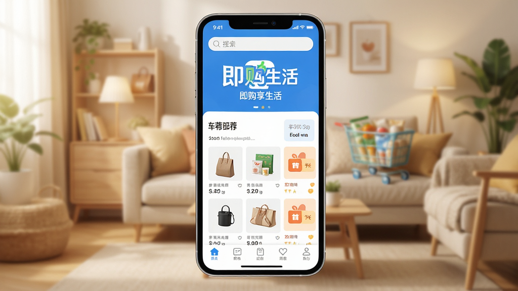 ����������App������ȫòչʾ���ֻ���Ļ������ʾӦ��Logo�����ơ��������������������ܰ�ľӼҹ��ﳡ�������������ˬ��������ɫ�����������������в�����Ʒ�Ƽ��ٲ������Ż�ȯͼ�꣬�ײ�����������������ִ���ƽ�������ʸɾ��������޶�������Ԫ��
