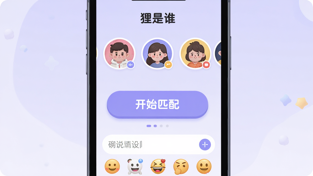 ��������ȫòչʾͼ��������һ���ֻ���Ļ����Ļ������ʾ������˭��APP�������棬���沼�ּ�࣬�Ϸ���Բ�εĽ�ɫͷ���б����м��ǿ�ʼƥ��Ĵ�ť���·������������Ϳ�ݱ���������������͵�ǳ��ɫ���䣬���ƫ���ƽ����ͨ��ϸ��Բ�󣬻��ʸɾ����޶���Ԫ�ء�