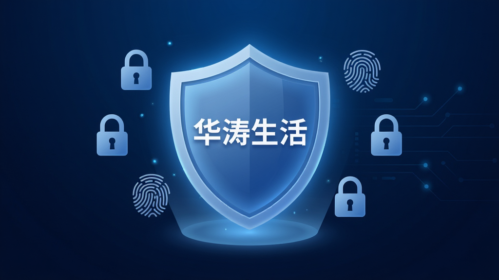 一张展示华涛生活安全隐私保护功能的图片。画面中央是一个盾牌形状的图标,盾牌上写着“华涛生活”,盾牌周围环绕着锁、指纹、加密符号等元素。背景是深蓝色科技感渐变,盾牌发出柔和的蓝光,整体风格稳重专业,画质干净清晰,无多余元素。