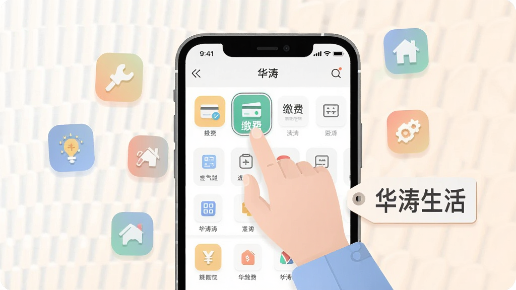 一张展示华涛生活个性化定制功能的图片。画面中一部手机屏幕上显示华涛生活的首页编辑界面,用户正在把“缴费”图标拖拽到顶部快捷栏,屏幕周围漂浮着各种功能图标,手机旁边有一个写着“华涛生活”的标签。整体风格扁平化,色彩柔和,布局清晰,画质干净无多余元素。