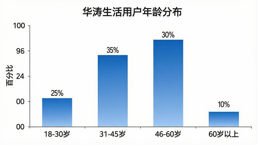 一张展示华涛生活用户年龄分布的柱状图。图表标题为“华涛生活用户年龄分布”,横轴是年龄段:18-30岁、31-45岁、46-60岁、60岁以上,纵轴是百分比。柱状图颜色为蓝色渐变,每个柱子上方标注具体数值:25%、35%、30%、10%。整体风格简洁专业,画质清晰干净,无多余元素。
