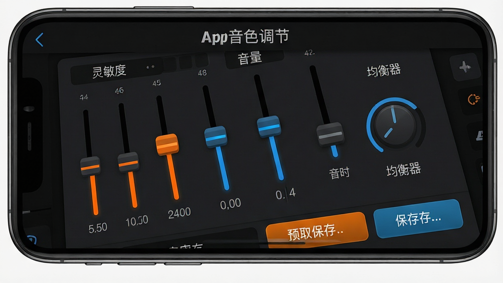 一张展示美得理电鼓玩家App音色调节界面的功能图,画面主体是手机屏幕上的音色编辑面板,面板上有多个滑块和旋钮图标,分别标注着灵敏度、音量、均衡器等字样,屏幕背景是深色主题,滑块颜色为亮橙色和蓝色,布局清晰有层次,风格专业且易读,细节包括数值刻度和预设保存按钮,画质干净锐利,无多余元素