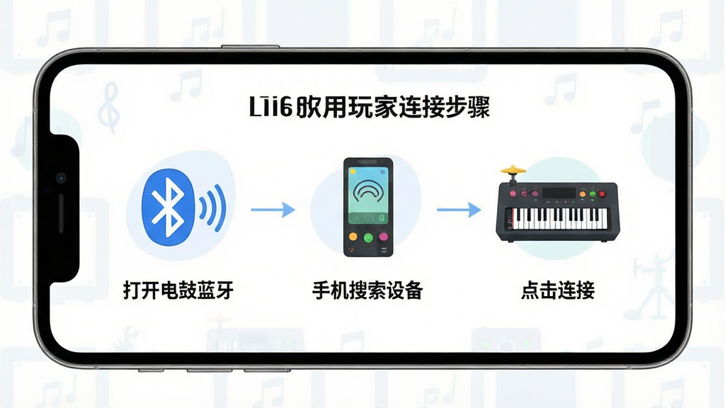 一张展示美得理电鼓玩家App新手连接步骤的示意图,画面主体是手机屏幕上的连接引导页面,页面上有三个步骤图标依次排列,第一步是打开电鼓蓝牙,第二步是手机搜索设备,第三步是点击连接,每个步骤旁边有简洁的文字说明和对应的插画,布局为横向流程图式,风格扁平化插画风,细节包括蓝牙图标和电鼓图标,画质干净明快,无多余元素