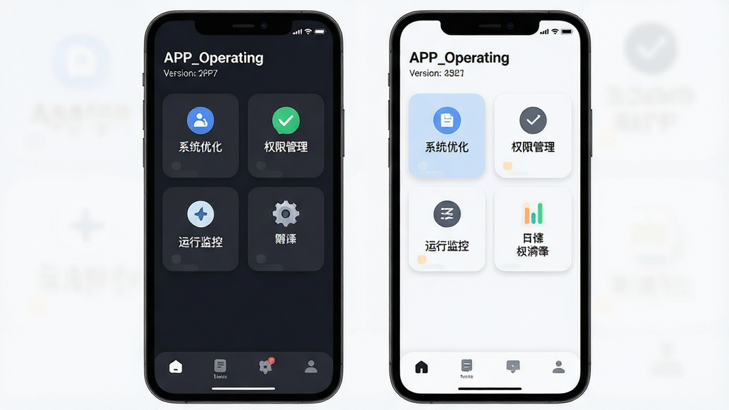 APP_Operating ����������ȫòչʾ���ֻ���Ļ���У����������ɫ��ǳɫ˫���Ⲣ�ŶԱȣ�������ʾ�������ơ�APP_Operating���Ͱ汾��Ϣ���м����������ź��Ĺ��ܿ�Ƭ��ϵͳ�Ż���Ȩ�޹��������м�ص�ͼ�꣬�ײ�Ϊ�����������岼�ּ���ִ�������ƽ����ϸ��Բ�󣬻��ʸɾ��������޶���Ԫ��