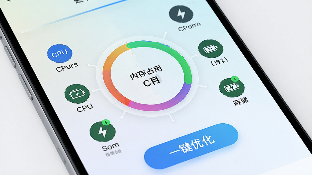 APP_Operating ������ϵͳ�Ż�����չʾ���ֻ���Ļ��д������������ʾһ����̬�Ļ����ڴ�ռ��ͼ������Χ������CPU���洢����ص�Сͼ�꣬�·��С�һ���Ż�����ť������Ϊ�ɾ���ǳɫ���䣬����ִ��Ƽ��У�ϸ�����������ʸɾ��޶���Ԫ��