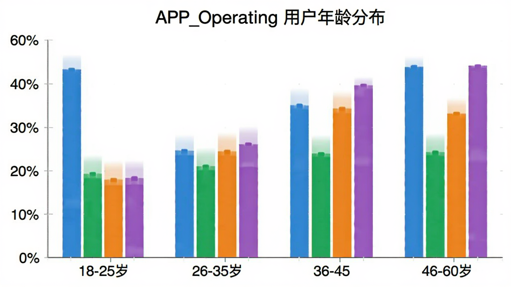 APP_Operating �û�����ֲ���״ͼ������Ϊ�����18-25�ꡢ26-35�ꡢ36-45�ꡢ46-60�꣬����Ϊ�û�ռ�Ȱٷֱȣ���״��ɫ�ֱ�Ϊ��ɫ����ɫ����ɫ����ɫ��ͼ������Ϊ��APP_Operating �û�����ֲ�����������ɫ����������ݻ������ʸɾ��޶���Ԫ��