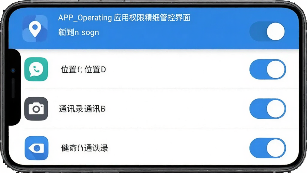 APP_Operating Ӧ��Ȩ�޾�ϸ�ܿؽ���չʾ���ֻ���Ļ��ͼ����б���ʽչʾ���Ӧ��ͼ�꼰���Ӧ��Ȩ�޿��أ���λ�á�ͨѶ¼������ȣ�����״̬�����ɼ����������������ɫ���������룬��������񣬻��ʸɾ��޶���Ԫ��