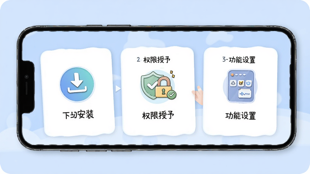 APP_Operating ���ֲ����������棬�ֻ���Ļ��ʾ�ֲ��̳̿�Ƭ����һ��ͼ��Ϊ���ذ�װ���ڶ���ΪȨ�����裬������Ϊ�������ã�ÿһ�����м�������˵���Ͳ廭������Ϊ��͵�ǳ��ɫ������Ѻ����У����ʸɾ��޶���Ԫ��