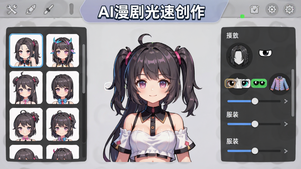 ����չʾһ����ɫ�༭���棬����ǽ�ɫͷ���б����м���һ�����ڱ༭�Ķ���Ů�������Ҳ��Ƿ��͡��۾���ɫ����װ��ѡ��飬���涥���С�AI������ٴ����������ֱ�ʶ��������ǳ��ɫ����̨������๤�߻���ϸ�����������ʸɾ����޶���Ԫ��