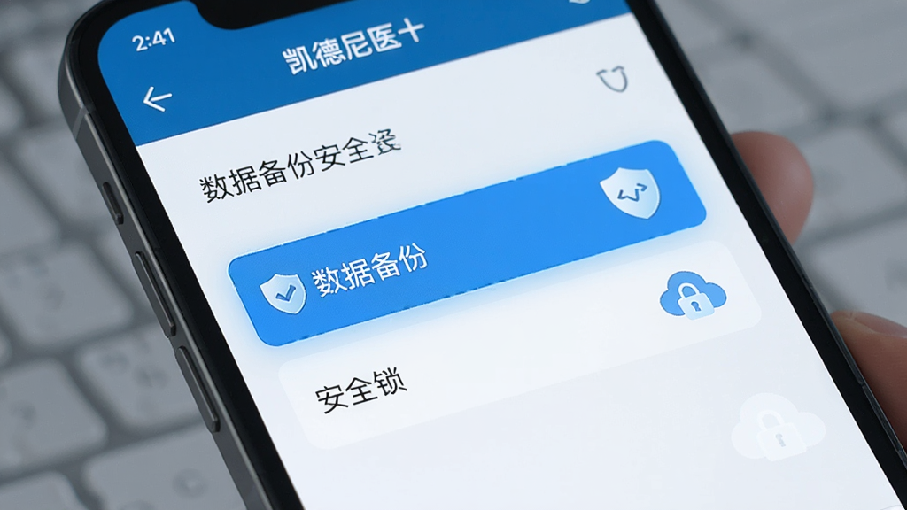 凯德尼医生端数据备份与安全设置界面,画面展示手机屏幕上凯德尼医生端的设置页面,高亮显示“数据备份”和“安全锁”选项,旁边有盾牌和云朵的图标,风格安全、科技感,画质清晰,无多余元素。