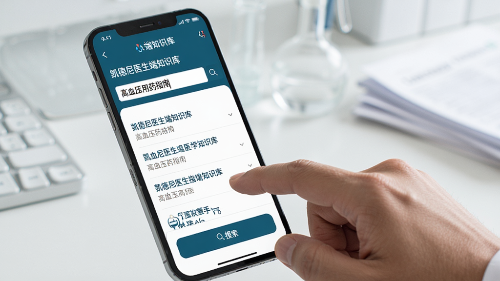 凯德尼医生端医学知识库搜索界面,画面中一只手正在点击手机屏幕上的搜索按钮,屏幕里显示着凯德尼医生端的知识库页面,搜索框内输入了“高血压用药指南”,下方列出了相关的知识条目,风格学术、严谨,画质清晰,无多余元素。