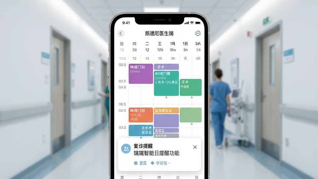 凯德尼医生端智能日程提醒功能界面,画面中心是一个手机屏幕特写,屏幕上显示着凯德尼医生端的日历视图,不同颜色的日程块代表门诊、手术和会议,下方有复诊提醒的弹窗通知,背景是虚化的医院走廊,风格现代简洁,画质干净,无多余元素。