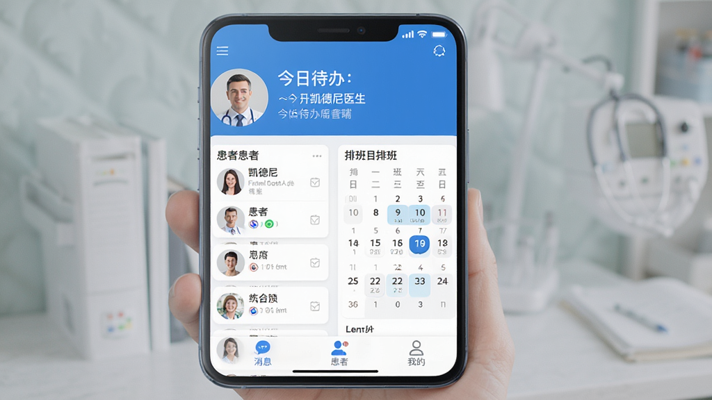 凯德尼医生端主界面展示,主体为一部智能手机屏幕,屏幕上显示着凯德尼医生端的应用界面,布局清晰,顶部是医生头像和今日待办事项,中间是患者列表卡片和排班日历,底部是消息、患者、我的三个导航按钮,整体风格简洁专业,以蓝白色调为主,画面干净,画质高清,无多余元素。