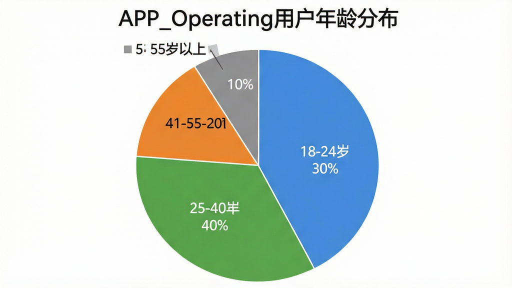 һ��Բ��ͼ�������ǡ�APP_Operating�û�����ֲ�������ͼ��Ϊ�Ŀ飬18-24��ռ��30%��25-40��ռ��40%��41-55��ռ��20%��55������ռ��10%����ɫ�ֱ�����ɫ����ɫ����ɫ����ɫ���������ף�����Ǽ������ͼ�������ʸɾ����޶���Ԫ��