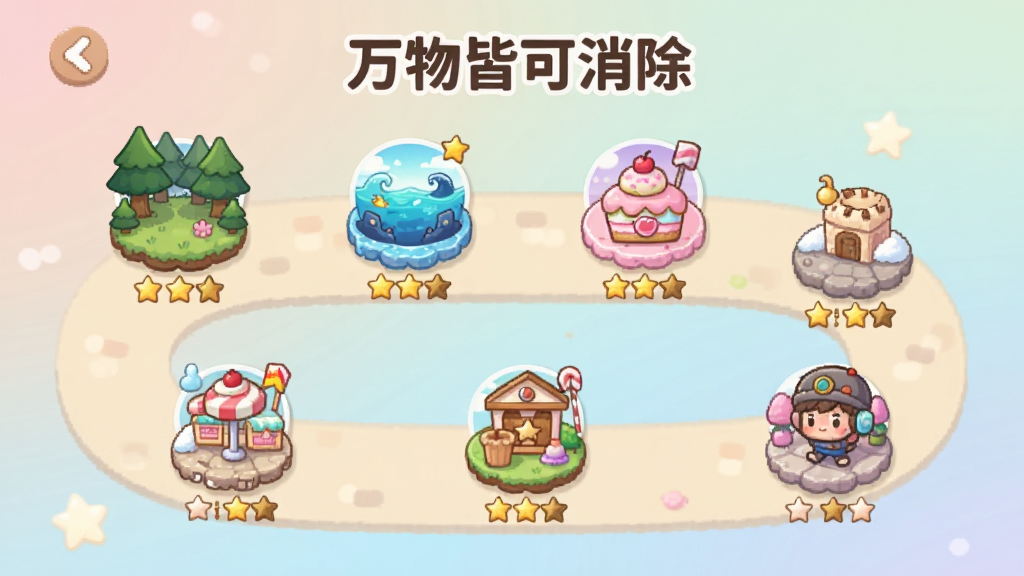 一张展示“万物皆可消除”关卡选择界面的图片,画面中是一条蜿蜒的路径,上面分布着不同主题的关卡节点,有森林、海洋、甜品店等图标,节点上标有星星评分,背景是柔和的渐变色,风格可爱治愈