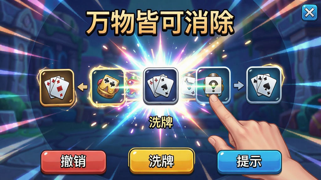 一张展示“万物皆可消除”游戏内道具使用效果的图片,画面中玩家正在使用“洗牌”道具,屏幕上有炫酷的光效,图标重新排列,界面底部有“撤销”、“洗牌”、“提示”三个按钮,风格动感活泼