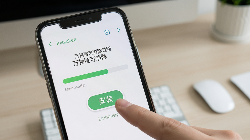 一张展示手机安装“万物皆可消除”过程的图片,画面中手机屏幕显示安装进度条,旁边有手指点击“安装”按钮的图标,背景是简洁的桌面壁纸,风格写实,画质清晰