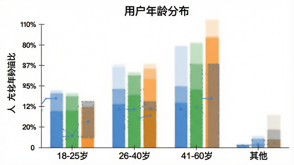 一张展示“万物皆可消除”用户年龄分布的柱状图,横轴是年龄段“18-25岁”、“26-40岁”、“41-60岁”、“其他”,纵轴是人数占比,柱子颜色分别为蓝色、绿色、橙色、灰色,图表标题为“用户年龄分布”,风格简洁数据可视化