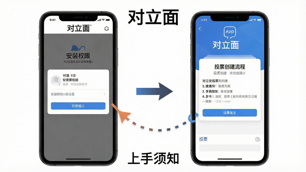һ�š������桹App �Ĳ���ָ��ͼ������չʾ�ֻ���Ļ�ϵİ�װȨ�����ý����ͶƱ�������̣��ü�ͷ��ע����˳�򣬽����������ˣ������С������桱���֣��ײ��С�������֪�������������������޶���Ԫ��