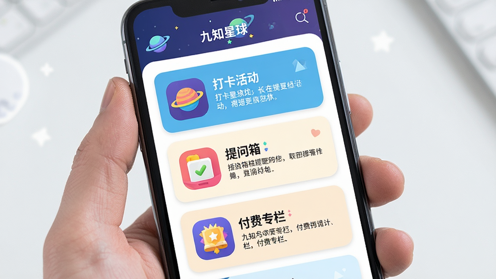 一张展示“九知星球”App内互动功能页面的详细图片,主体为手机屏幕显示着打卡活动、提问箱和付费专栏的界面,布局为纵向列表,每个功能模块有独立的图标和说明文字,排版清晰,风格活泼,细节上图标色彩鲜明,背景干净,画质清晰无多余元素,屏幕上带有“九知星球”标识。