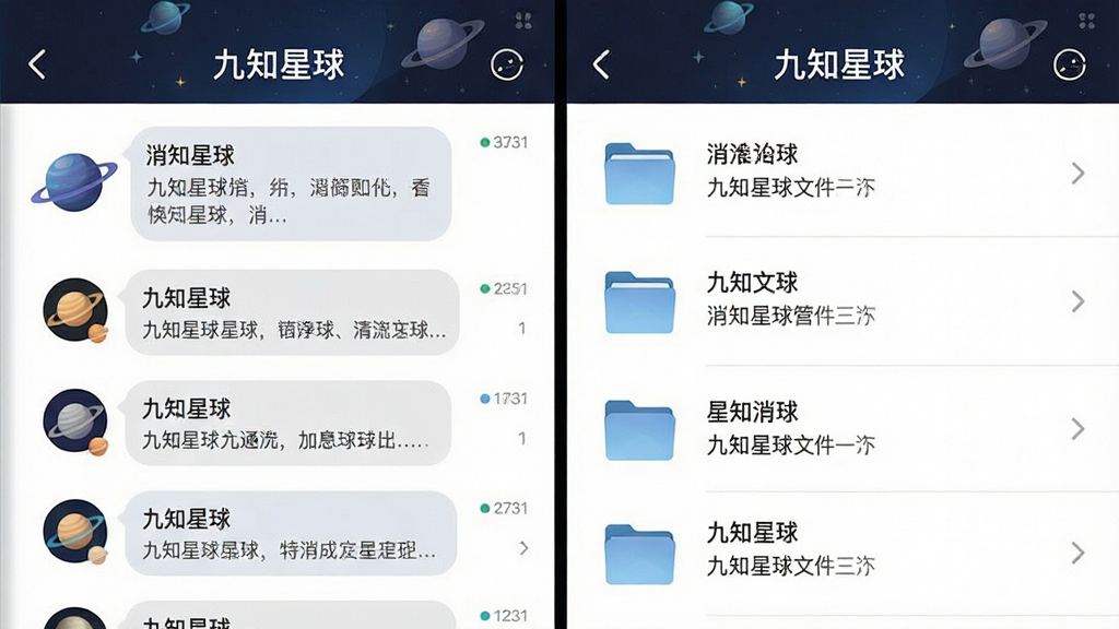 一张“九知星球”App内消息通知与文件管理界面的详细图片,主体为手机屏幕分屏展示左侧消息列表与右侧文件库,布局为左右分栏,左侧有不同星球的未读消息气泡,右侧是整齐的文件列表,排版逻辑清晰,风格商务简洁,细节上图标精致,画质干净无多余元素,画面中包含“九知星球”文字。