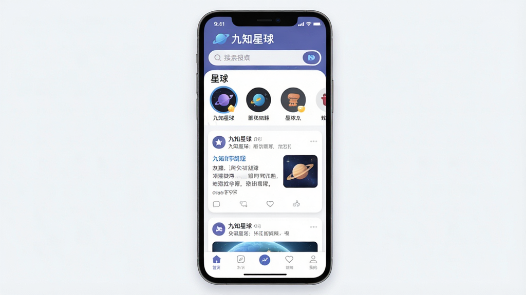 一张展示“九知星球”App主界面的详细图片,主体为手机屏幕内显示着知识社群信息流界面,布局为顶部搜索栏和星球列表,中间是卡片式的内容动态,底部有导航栏,排版简洁清晰,风格现代扁平化,细节上带有柔和的圆角与浅色阴影,画质干净无多余元素,屏幕上方有“九知星球”文字标识。