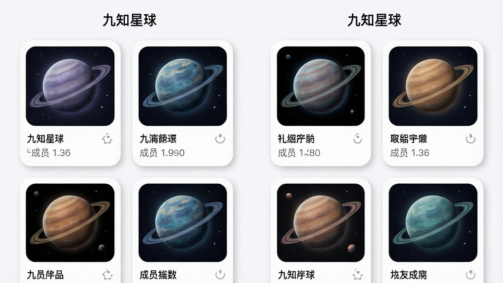 一张“九知星球”App内星球列表页面的详细图片,主体为多个不同主题的星球卡片整齐排列,布局为两列网格状,每张卡片上有星球封面、名称和成员数,排版规整,风格清新简约,细节上卡片带有轻投影和圆角,画质干净无多余元素,画面中带有“九知星球”文字。