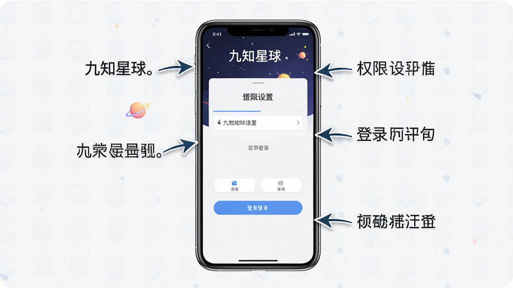 一张“九知星球”App新手操作指引的详细图片,主体为手机屏幕显示着权限设置和登录界面的截图,布局为纵向排列的步骤图,排版直观,风格简洁明了,细节上带有箭头和文字标注,画质干净无多余元素,画面中包含“九知星球”文字。