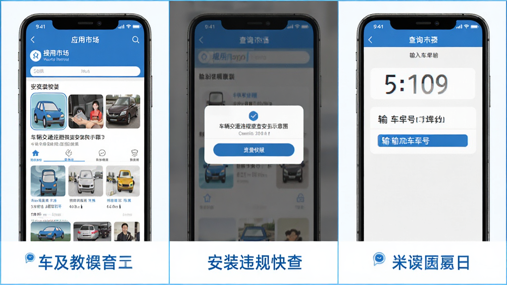 车辆交通违规快查安装步骤示意图,画面分为三格,第一格显示应用市场搜索界面,第二格显示安装权限弹窗,第三格显示查询界面输入车牌号,每格下方有简短文字说明,整体风格为教程图解,蓝白配色,布局清晰,画质干净