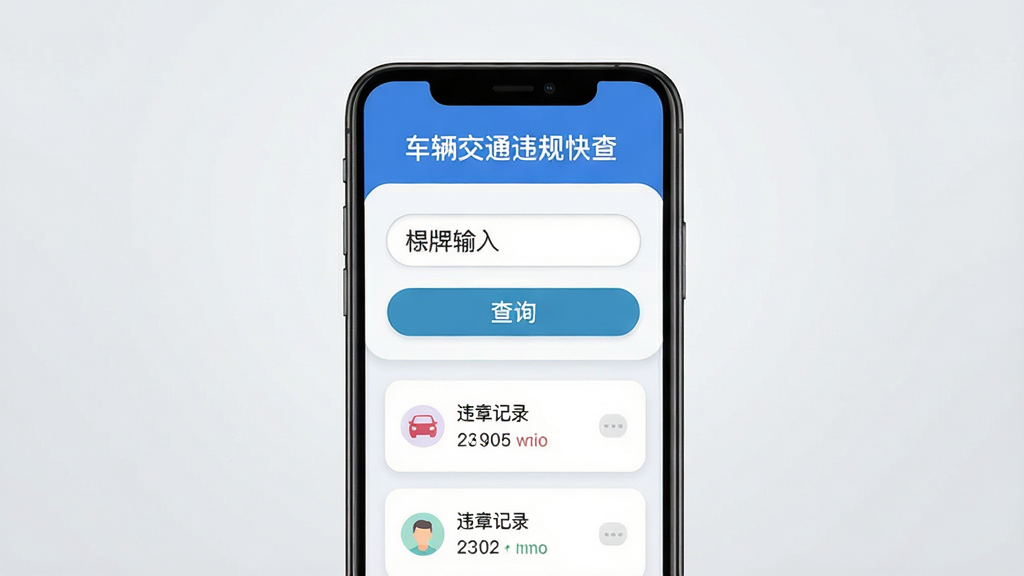 车辆交通违规快查软件主界面展示,手机屏幕竖屏构图,顶部显示车辆交通违规快查蓝色标题栏,中间是车牌输入框和查询按钮,下方显示违章记录列表卡片,背景为浅灰渐变,整体布局简洁清晰,扁平化UI设计风格,文字标签明确,细节圆润,画质干净无多余元素