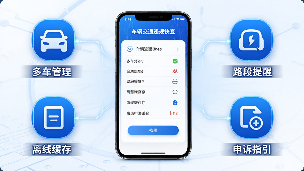 车辆交通违规快查特色功能汇总图,画面中央是手机屏幕显示查询结果页面,周围环绕四个功能图标分别代表多车管理、路段提醒、离线缓存、申诉指引,图标下方有对应文字标注,整体风格统一为科技蓝,排版整齐,背景干净,画质清晰无杂乱元素