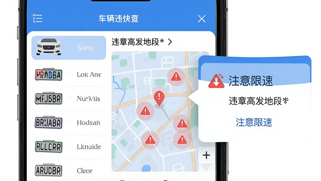 车辆交通违规快查功能展示图,手机屏幕中显示多辆车牌绑定列表和违章高发地段地图标注,地图上有红色警示标记点,右侧弹出提醒卡片写着注意限速,界面以蓝白配色为主,扁平化设计,文字清晰,画质干净