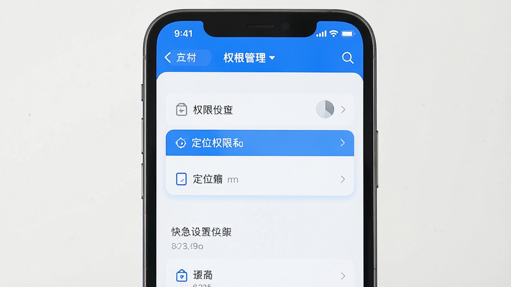 手机定位快速查权限设置指引图,手机屏幕显示权限管理页面,定位权限被高亮标注,界面简洁清晰,蓝白色调,高清画质