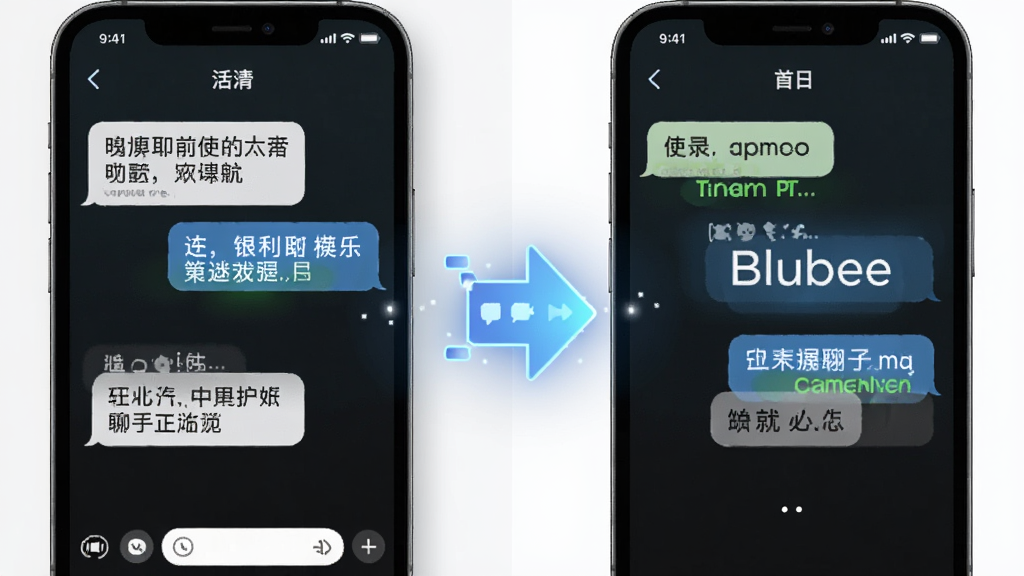 Blubee全球即时翻译聊天功能展示,手机屏幕分为左右两半,左边显示中文对话框,右边显示英文对话框,中间有一个发光的翻译箭头连接,界面风格简洁科技感,文字清晰,画质干净无多余元素。