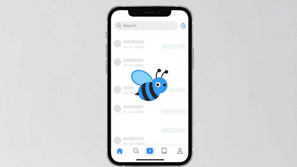 Blubee软件主界面全貌展示,手机屏幕中央显示Blubee的蓝色蜜蜂图标Logo,背景为简洁的白色聊天列表页面,顶部有搜索栏,底部有清晰的导航菜单,整体风格现代扁平,细节圆润,画质干净,无多余元素。