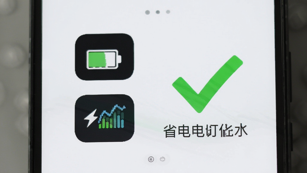 Blubee轻量省电无广告功能展示,手机屏幕显示电池电量图标和流量监控图标,旁边有一个绿色对勾表示省电优化,背景简洁,画质干净无多余元素。