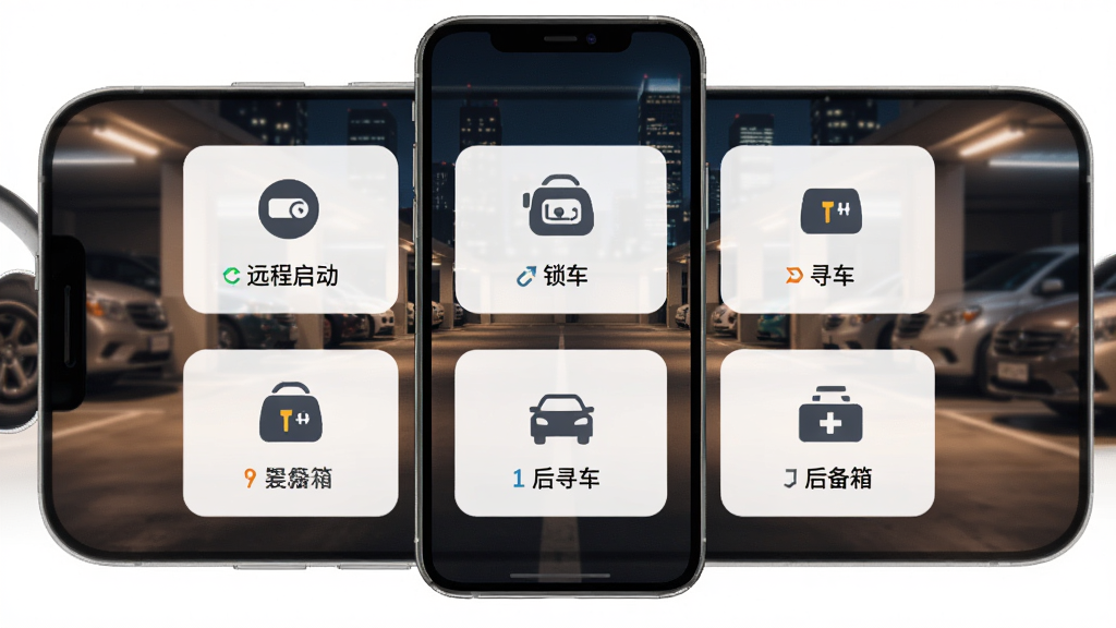 车北辰App功能界面展示,手机屏幕中显示远程启动、锁车、解锁、寻车、后备箱五个大按钮图标,背景是夜晚城市停车场,灯光柔和,布局对称,风格科技感扁平,细节清晰,画质干净无多余元素