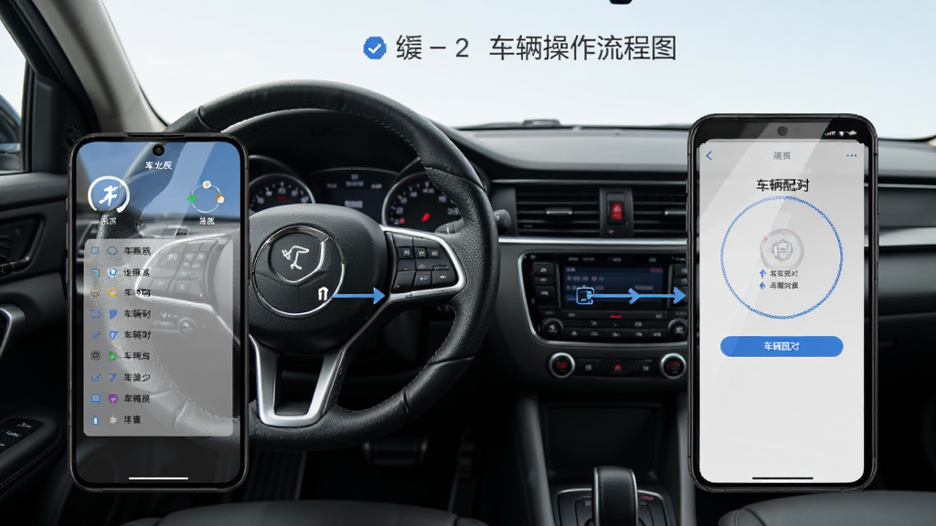 车北辰App连接车辆操作流程图,手机屏幕中显示蓝牙搜索列表和车辆配对界面,背景是车内视角方向盘和中控台,布局分步清晰,风格写实扁平,细节方向盘纹理和屏幕反光,画质干净无多余元素