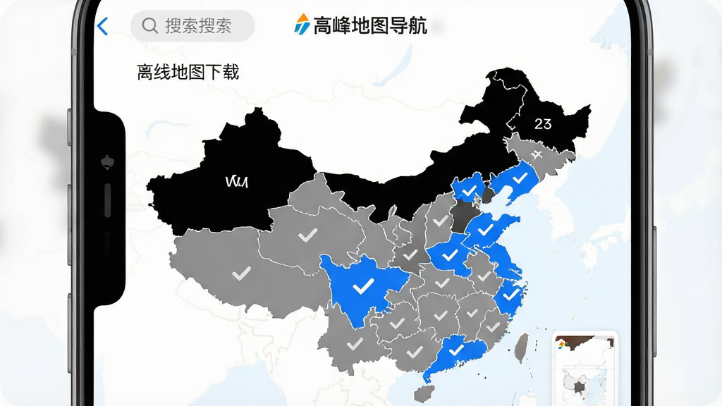 一张展示高峰地图导航App离线地图下载页面的图片,手机屏幕中显示中国地图轮廓和各省份下载按钮,已下载的省份显示为蓝色对勾状态,未下载的显示为灰色,界面顶部有搜索框和“高峰地图导航”标志,风格干净整洁,画质清晰