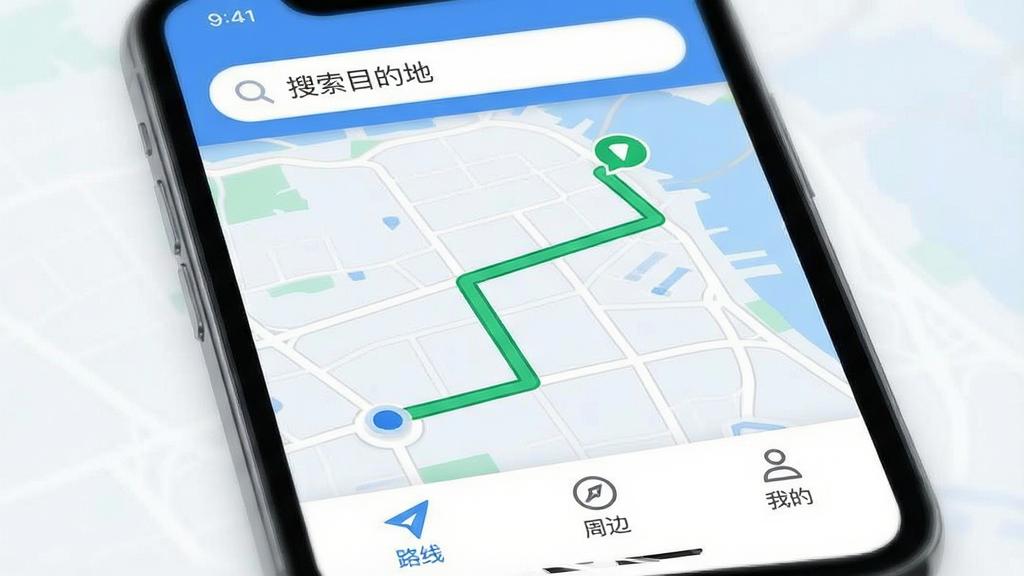 一张手机屏幕展示高峰地图导航App主界面的图片,画面中央是简洁的蓝白配色地图界面,顶部搜索框写着“搜索目的地”,底部导航栏有路线、周边、我的三个图标,地图上标注了一条从起点到终点的绿色畅通路线,风格现代扁平,细节圆润,画质干净清晰,无多余广告元素