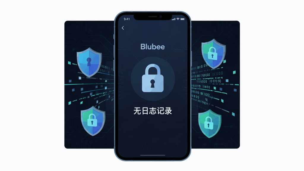 Blubee隐私保护功能示意图,手机屏幕显示Blubee应用内的安全锁图标和“无日志记录”字样,周围环绕盾牌和加密数据流元素,背景为深色科技风格,界面简洁清晰,扁平化设计,画质干净,无多余元素