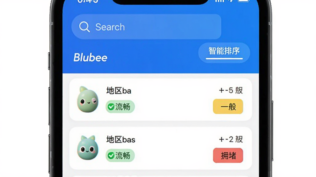 Blubee节点选择界面,手机屏幕显示Blubee应用内节点列表,每个节点有地区名称和延迟数值,绿色代表流畅,黄色代表一般,红色代表拥堵,顶部有搜索框和智能排序按钮,界面风格简洁现代,蓝白配色,画质干净,无多余元素