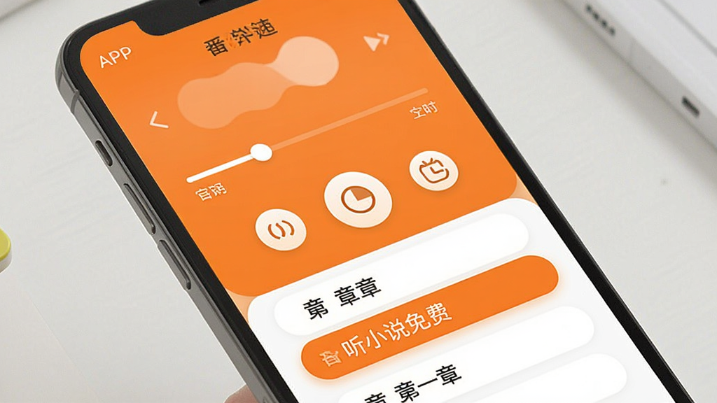 一张展示番听小说免费看APP播放界面的场景图,手机屏幕内显示音频播放控制面板,包含进度条、倍速按钮、定时关闭图标和章节列表,界面风格简洁,配色以橙色和白色为主,按钮圆润清晰,画质干净无多余元素