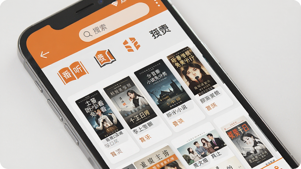 一张展示番听小说免费看APP内小说分类页面的场景图,手机屏幕内显示多个小说分类标签和封面列表,画面中有书籍封面、分类图标和搜索框,风格简洁明亮,配色以橙色和浅灰色为主,布局整齐,画质干净无多余元素