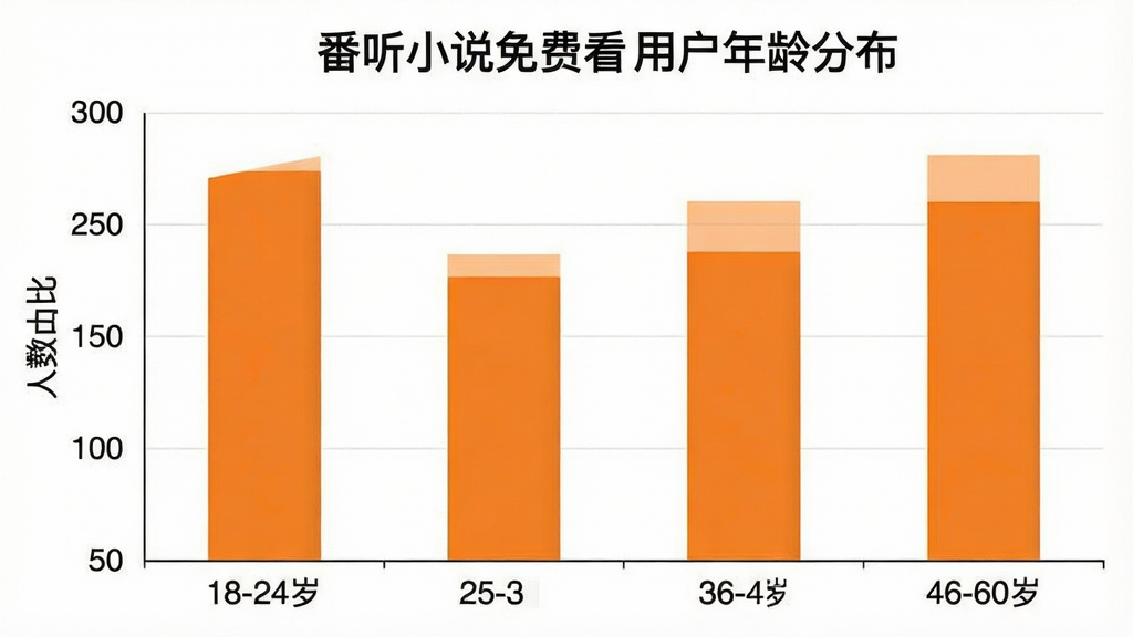 一张展示番听小说免费看用户年龄分布的柱状图,横轴标注年龄段18-24岁、25-35岁、36-45岁、46-60岁,纵轴标注人数占比,柱状图颜色以橙色为主,图表标题为“番听小说免费看用户年龄分布”,风格简洁清晰,画质干净无多余元素