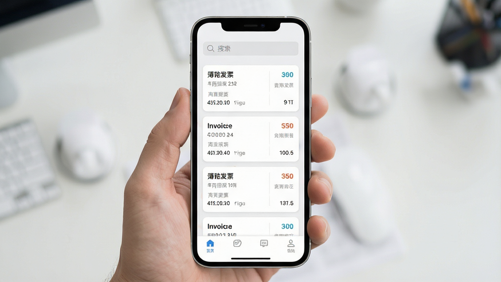 簿发票管理 手机应用主界面 浅色背景 中央展示发票列表卡片 顶部搜索栏 底部导航栏 扁平化设计风格 简洁干净 无多余元素 高清画质
